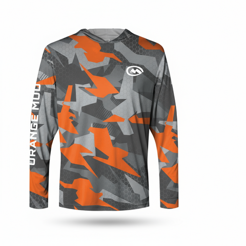 Camouflage long-sleeve shirt with orange and gray pattern on a white background