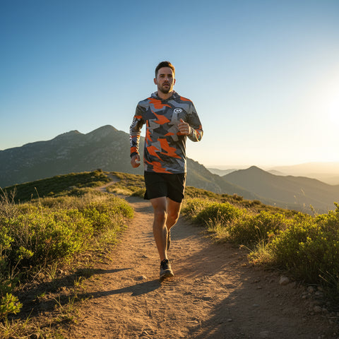 Camouflage long-sleeve shirt on a runner on a trail run