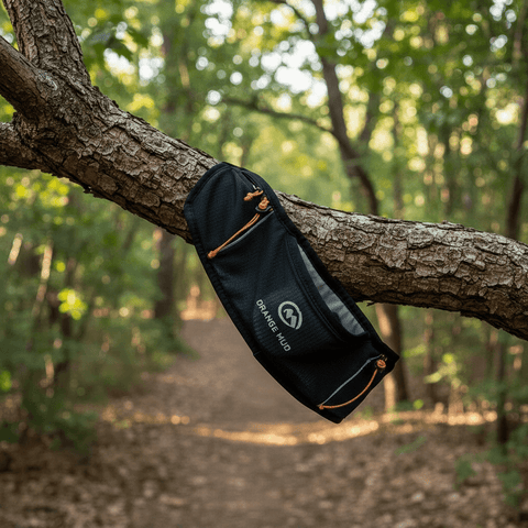 Black and orange climbing chalk bag hanging on a tree branch in a forest