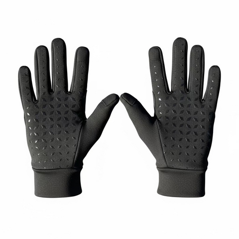 Pair of black gloves with a white background
