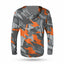 Camouflage hoodie with orange and gray pattern on a white background