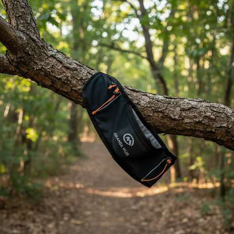 Black and orange climbing chalk bag hanging on a tree branch in a forest