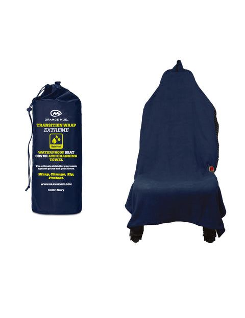 Navy Transition Wrap Extreme with its stuff sack, and draped over a car seat