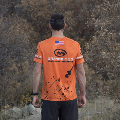 Orange Stretchy Running Shirt - Hydration vest packs for runners, cyclists, and ironman - Orange Mud, LLC